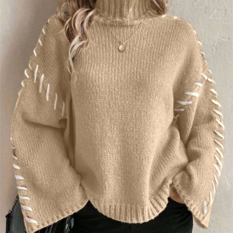 Women's Turtleneck Knit Sweater Contrast Whipstitch Sleeve Relaxed Drop-Shoulder