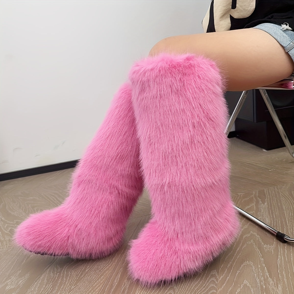 Women's Faux Fur Boots Knee-High Fluffy Tall Winter Warm Plush Slip-On