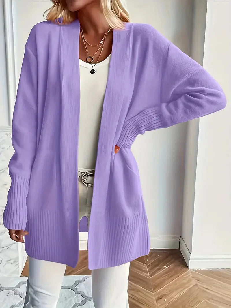 Women's Open-Front Knit Cardigan Ribbed-Trim Longline Drop-Shoulder Pockets Relaxed