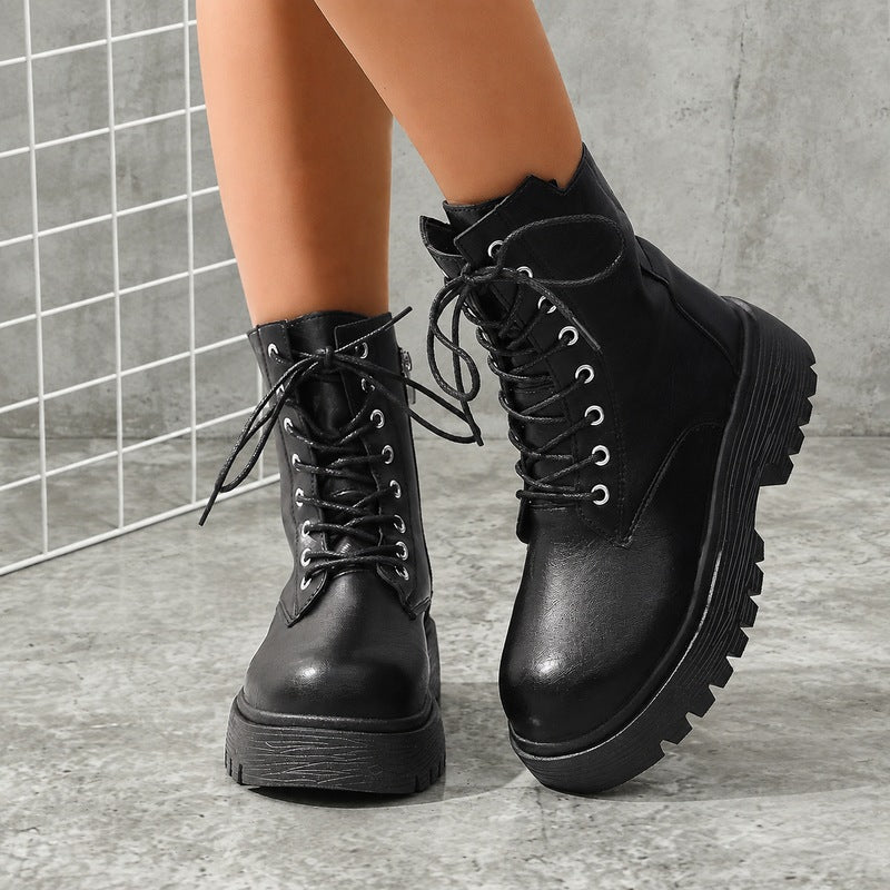 Women's Faux Leather Combat Boots Lace-Up Side-Zip Platform Lug-Sole Black