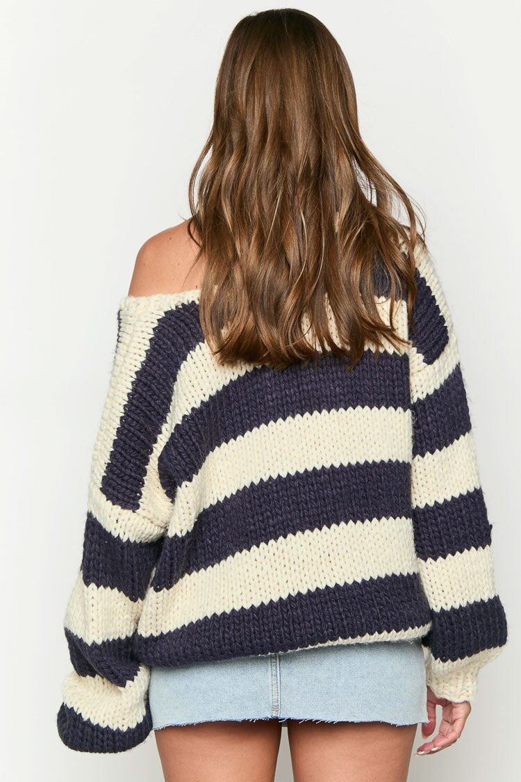 Women's Striped Chunky Knit Sweater Off-Shoulder Oversized Hand-Knit Relaxed