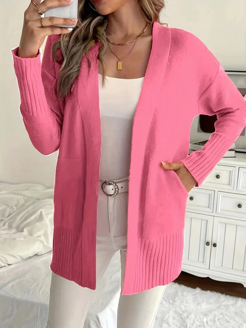 Women's Open-Front Knit Cardigan Ribbed-Trim Longline Drop-Shoulder Pockets Relaxed