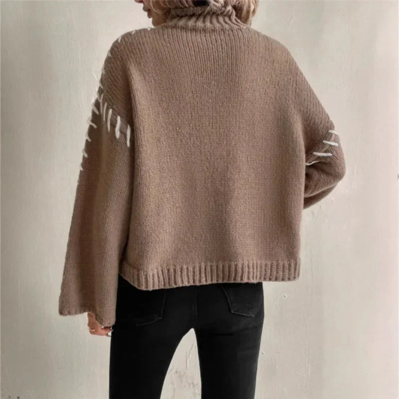 Women's Turtleneck Knit Sweater Contrast Whipstitch Sleeve Relaxed Drop-Shoulder
