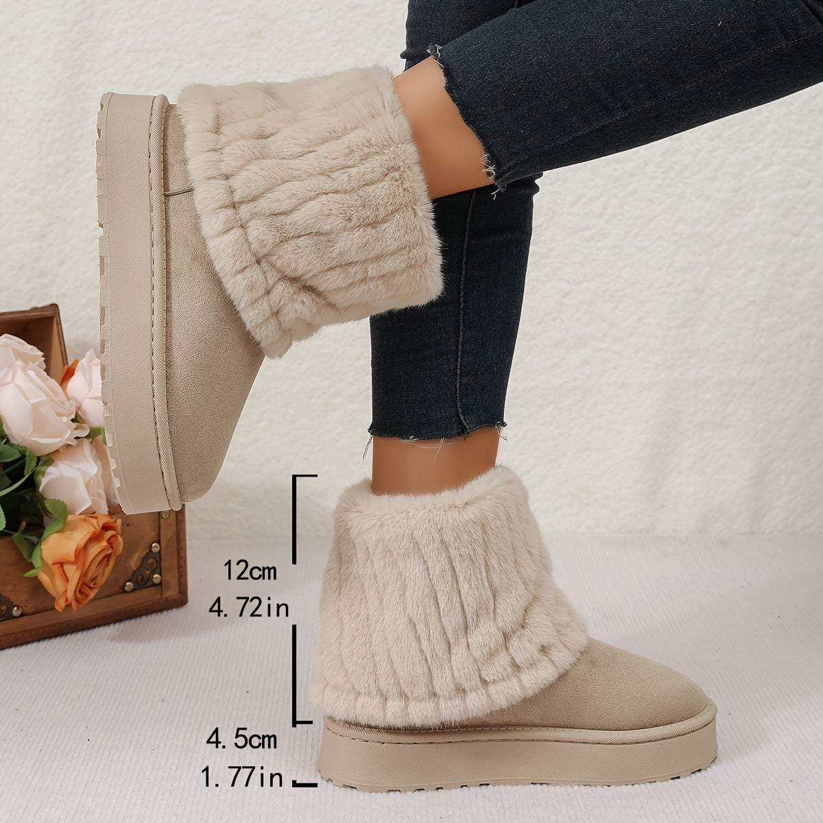 Women's Plush Cuff Snow Boots Platform Fold-Over Suede Winter Warm Slip-On