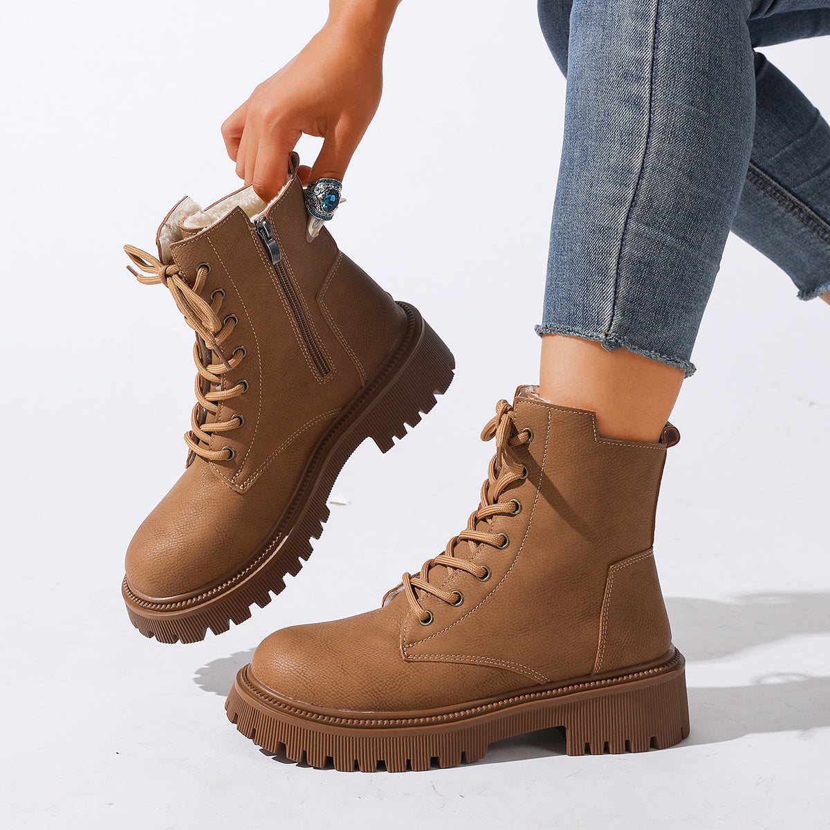 Women's Platform Combat Boots Lace-Up Side-Zip Lug-Sole Fleece-Lined Ankle