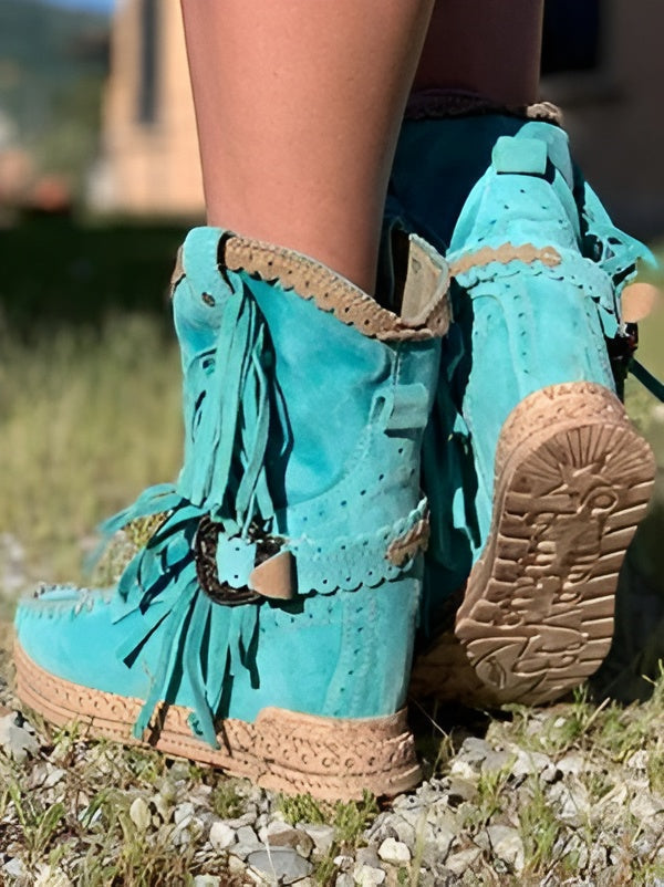 Women's Boho Fringe Ankle Boots Western Whipstitch Tassel Wedge Studded