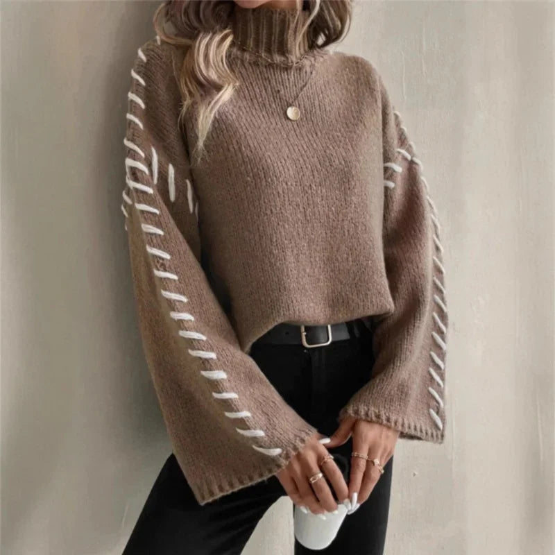 Women's Turtleneck Knit Sweater Contrast Whipstitch Sleeve Relaxed Drop-Shoulder