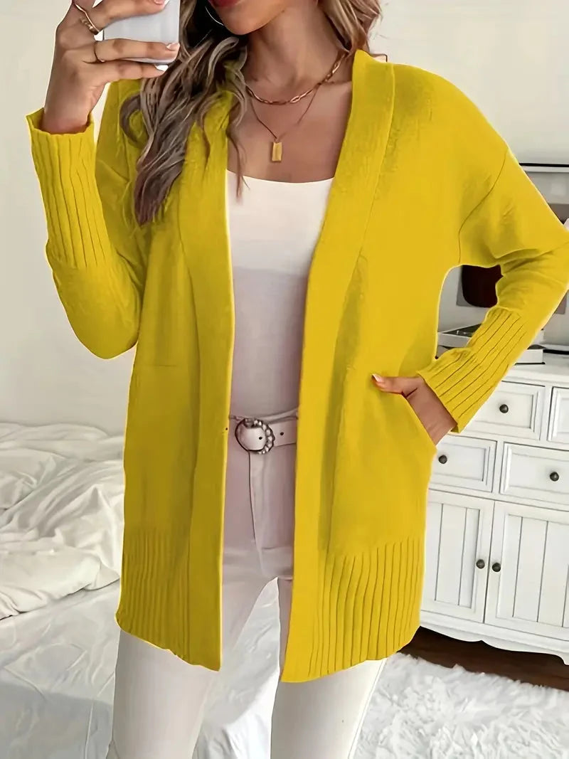 Women's Open-Front Knit Cardigan Ribbed-Trim Longline Drop-Shoulder Pockets Relaxed