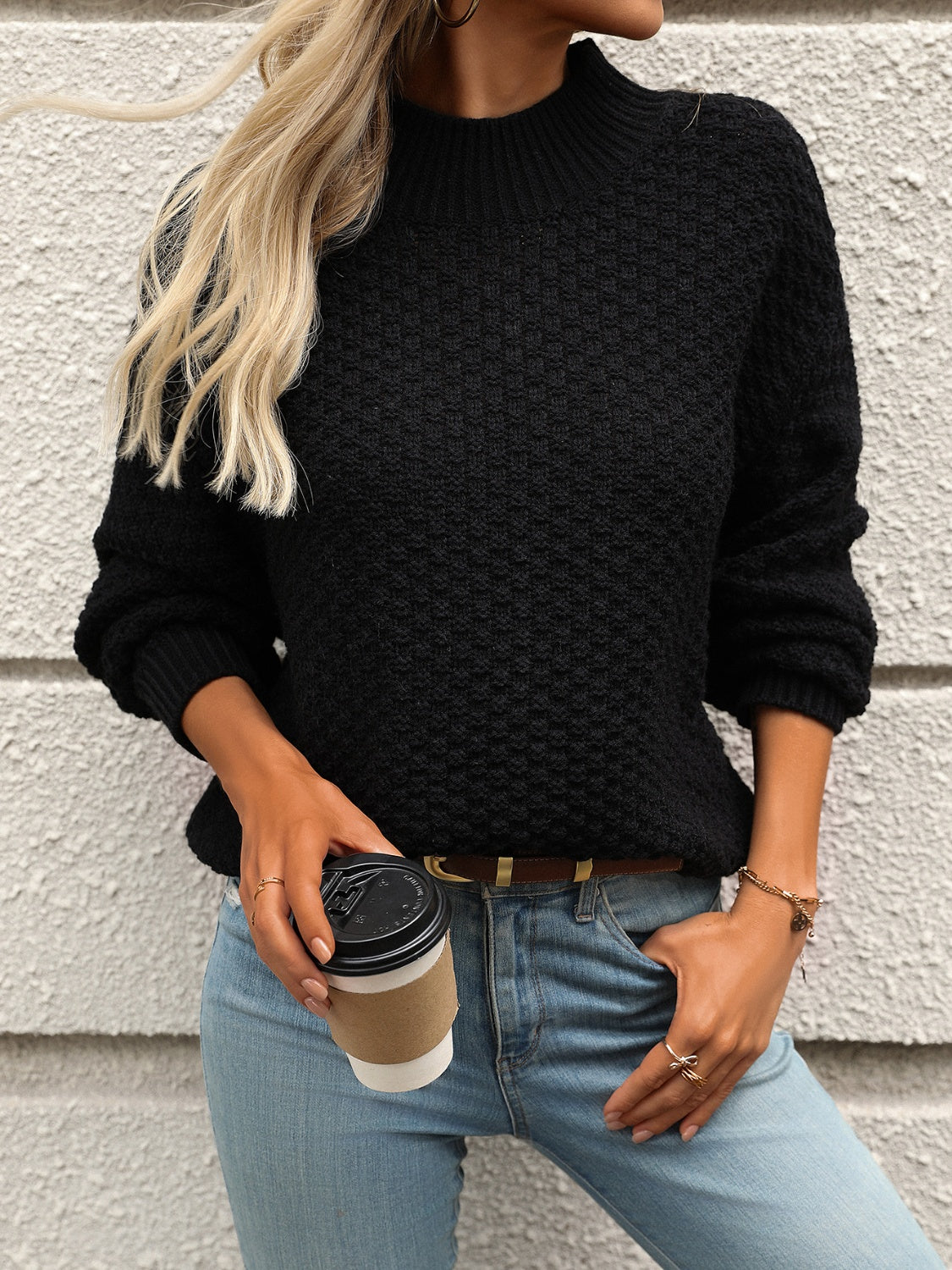 Women's Mock Neck Knit Sweater Basketweave Drop-Shoulder Relaxed Pullover