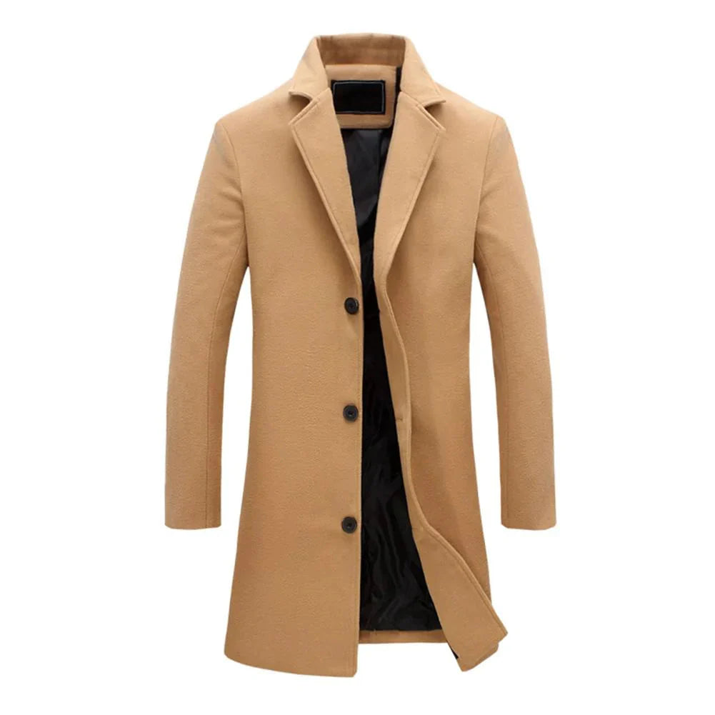 Men's Wool Overcoat Notch Lapel Single-Breasted Button Front Long Winter Coat