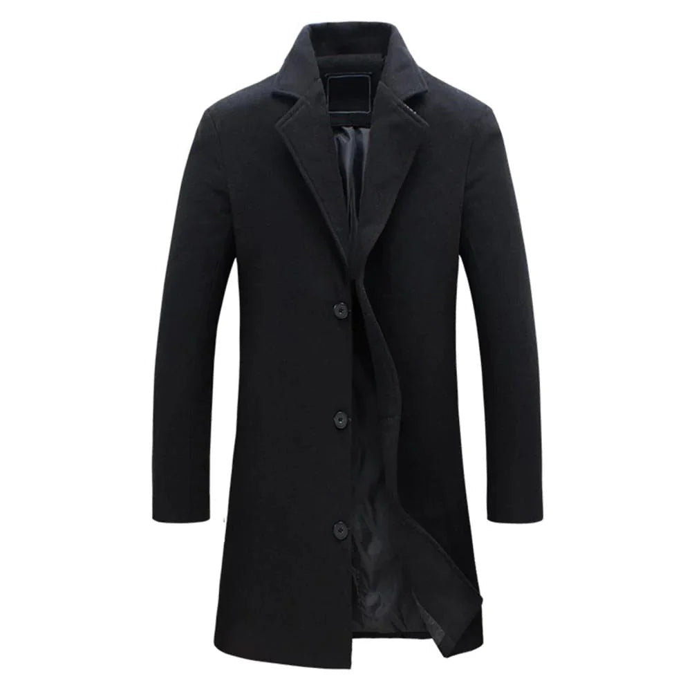 Men's Wool Overcoat Notch Lapel Single-Breasted Button Front Long Winter Coat