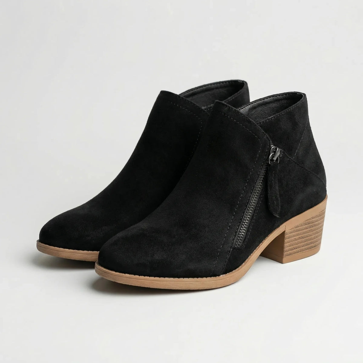 Women's Suede Ankle Boots Block Heel Side Zip Pointed Toe Stacked Booties