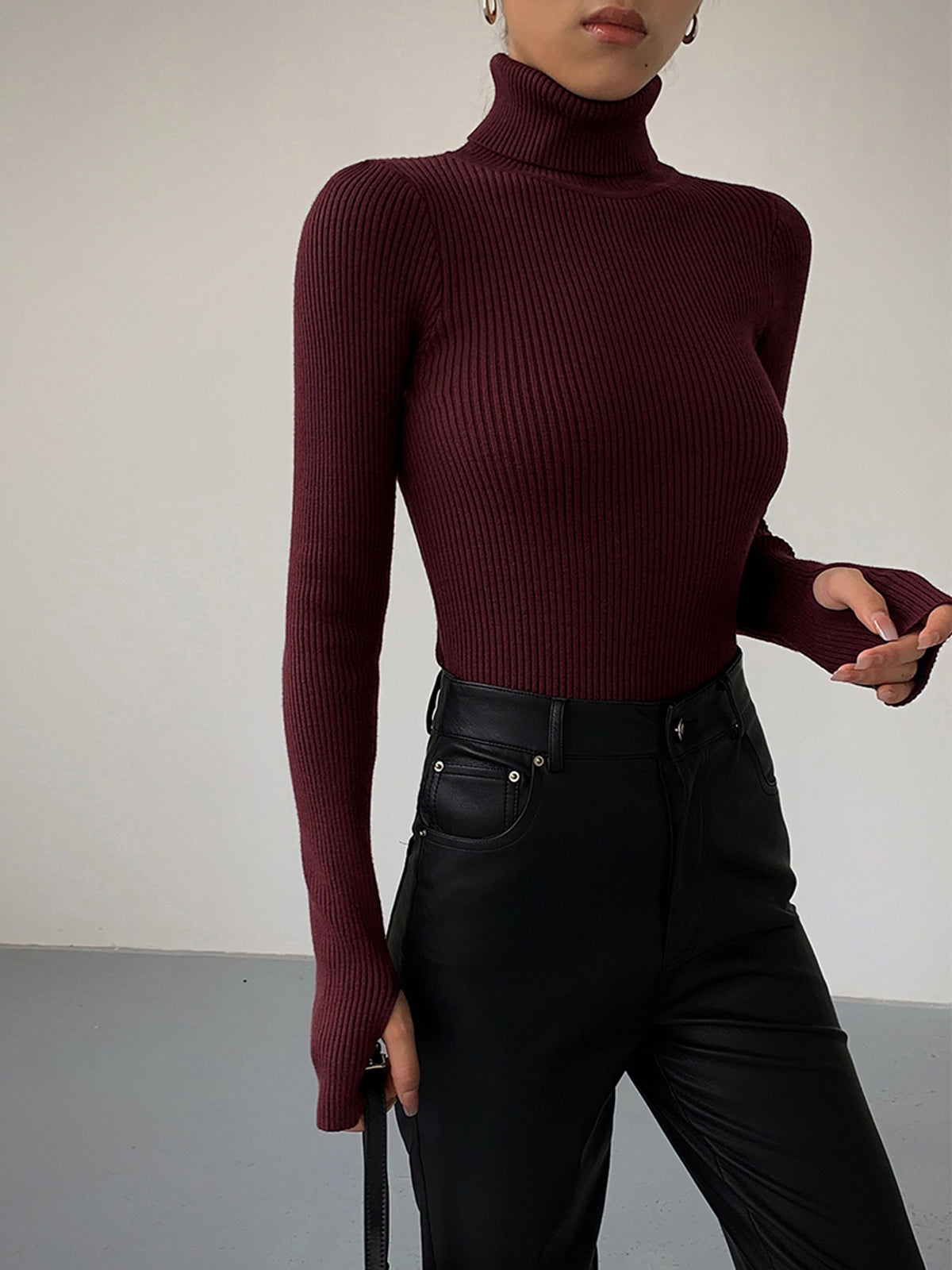 Women's Ribbed Turtleneck Sweater Fitted Long-Sleeve Slim Relaxed Pullover