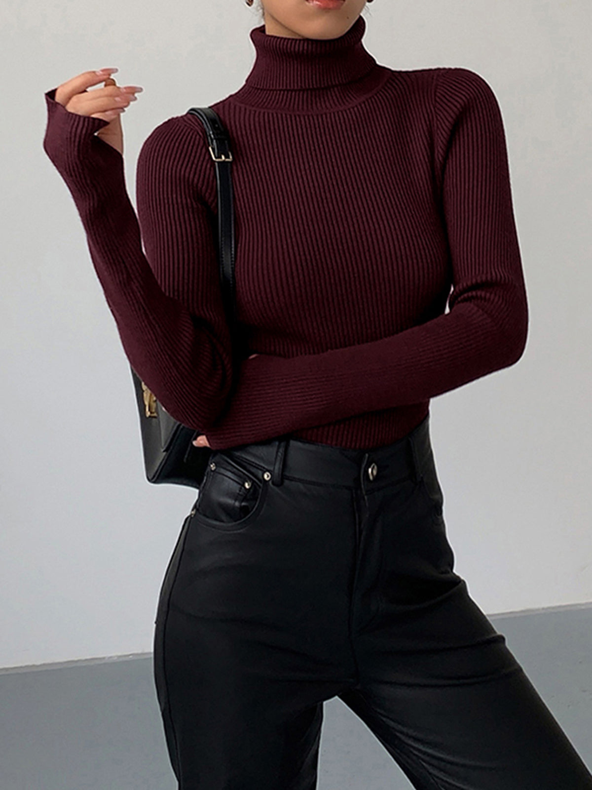 Women's Ribbed Turtleneck Sweater Fitted Long-Sleeve Slim Relaxed Pullover