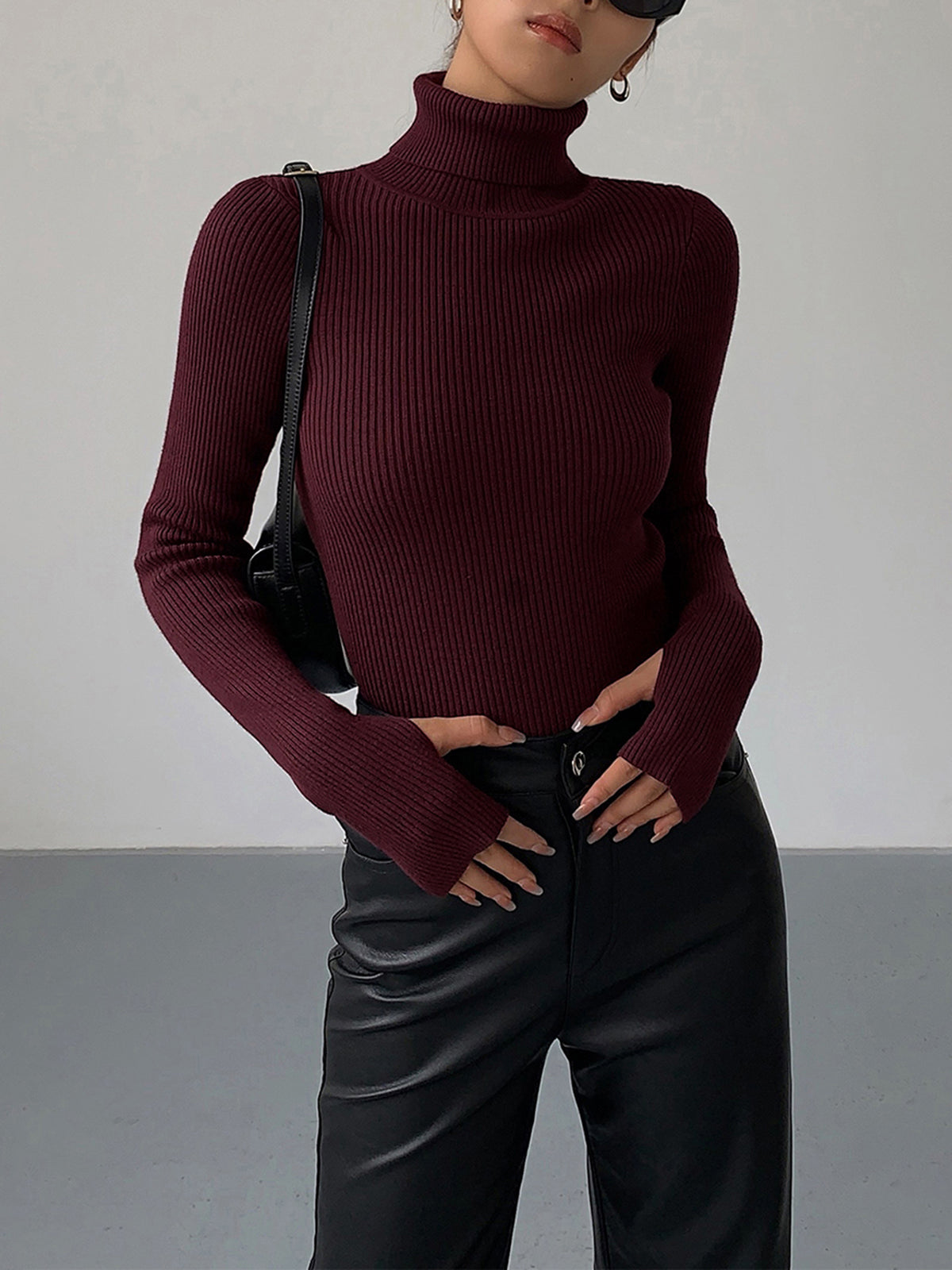 Women's Ribbed Turtleneck Sweater Fitted Long-Sleeve Slim Relaxed Pullover