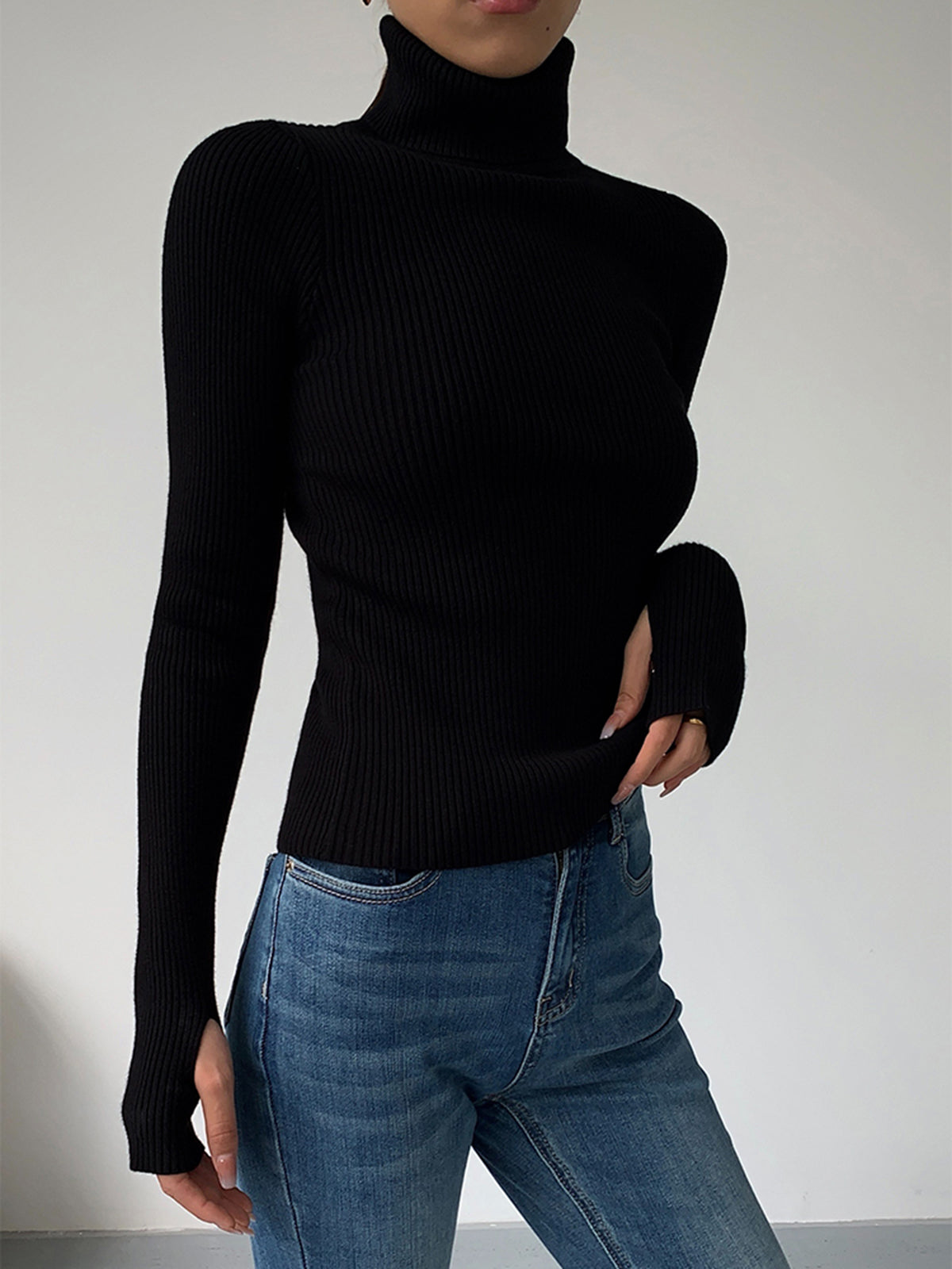 Women's Ribbed Turtleneck Sweater Fitted Long-Sleeve Slim Relaxed Pullover