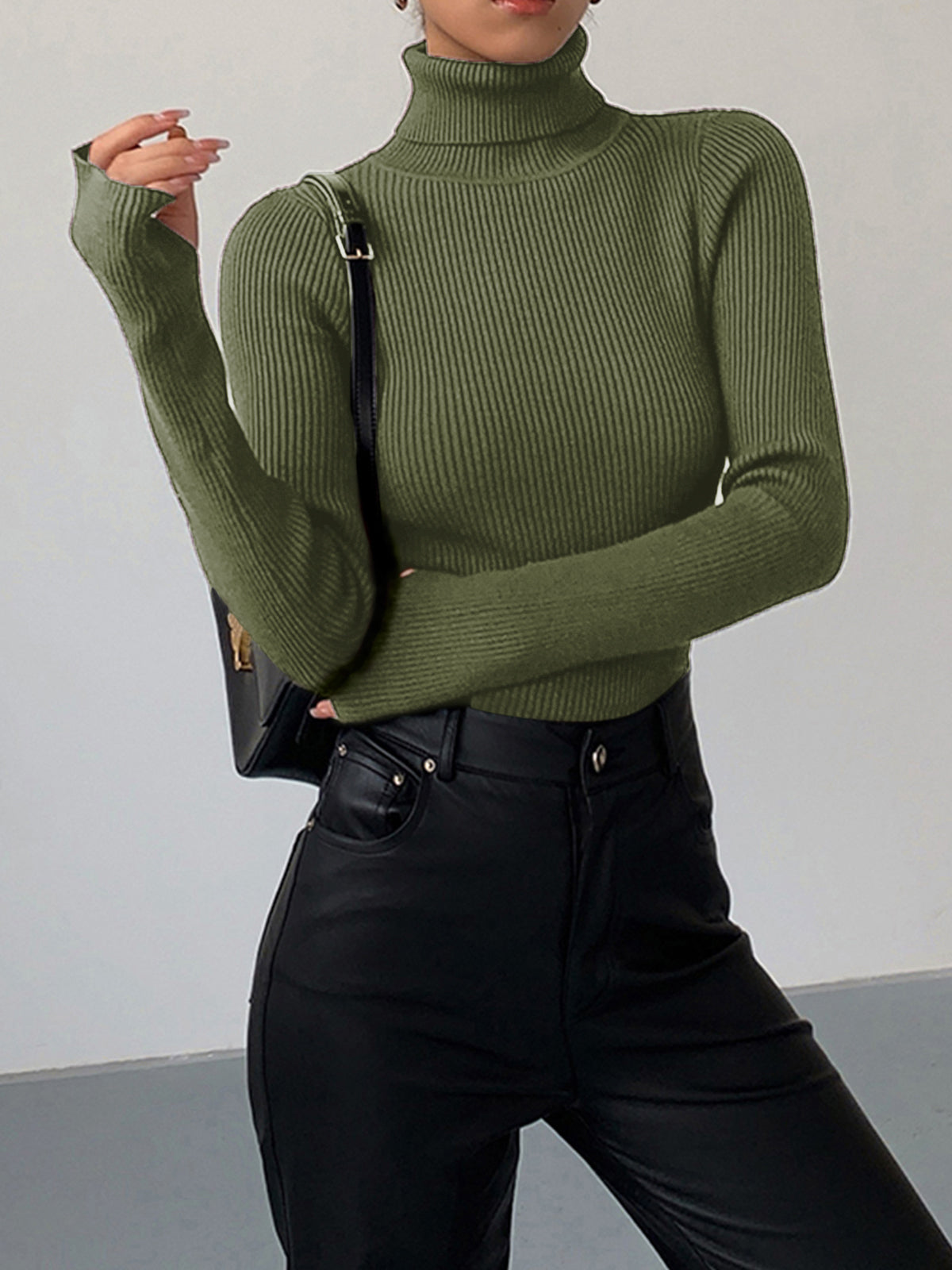 Women's Ribbed Turtleneck Sweater Fitted Long-Sleeve Slim Relaxed Pullover