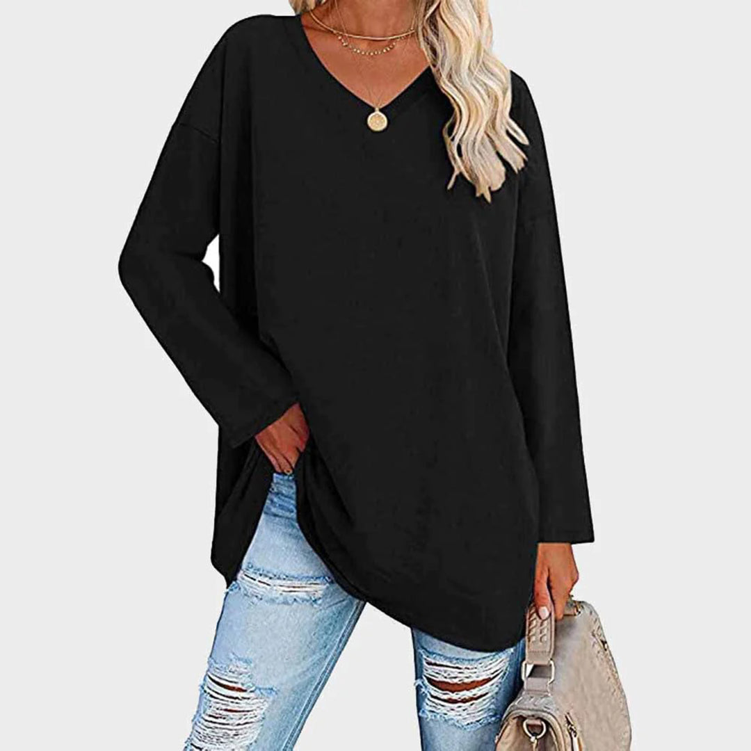 Women's Oversized Tunic Top V-Neck Long Sleeve Drop Shoulder Side-Slit Relaxed Pullover