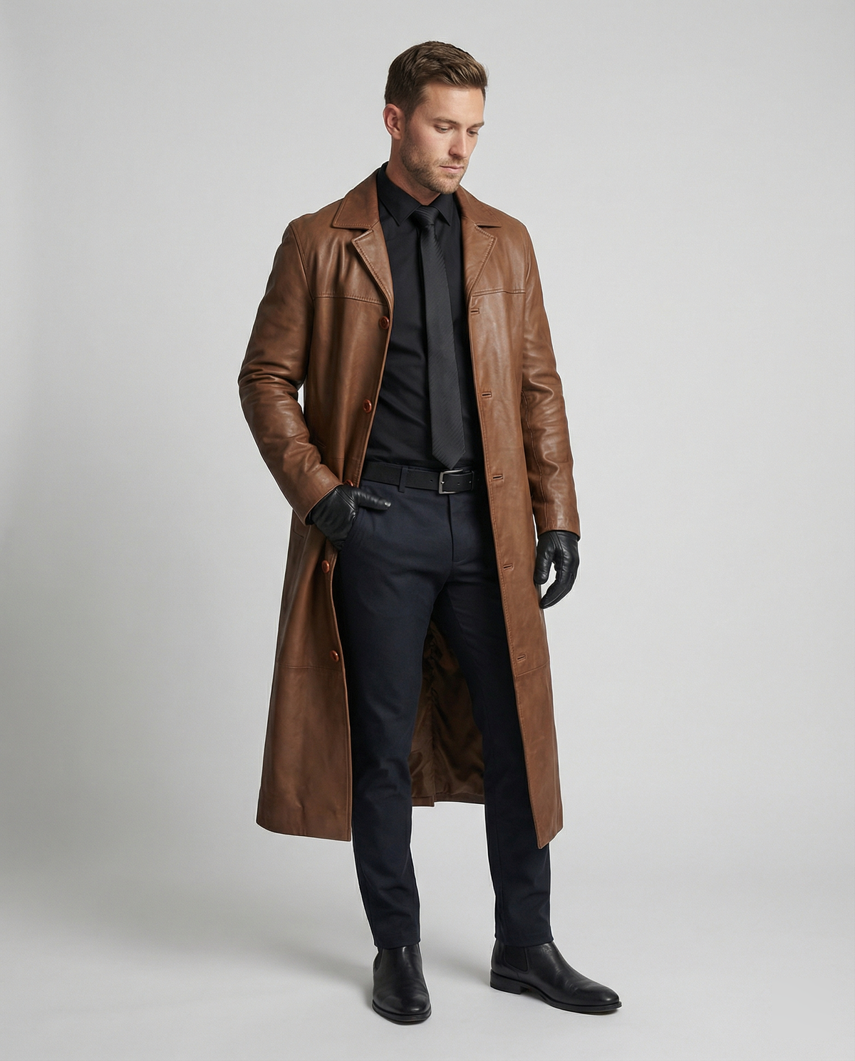 Men's Faux Leather Trench Coat Notch Lapel Single-Breasted Longline Warm-Lined