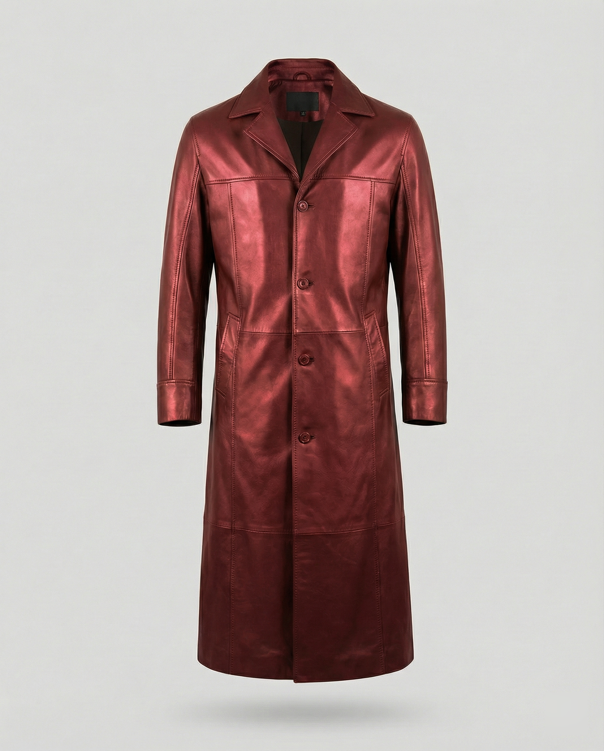 Men's Faux Leather Trench Coat Notch Lapel Single-Breasted Longline Warm-Lined
