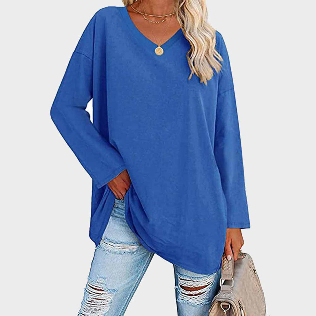 Women's Oversized Tunic Top V-Neck Long Sleeve Drop Shoulder Side-Slit Relaxed Pullover