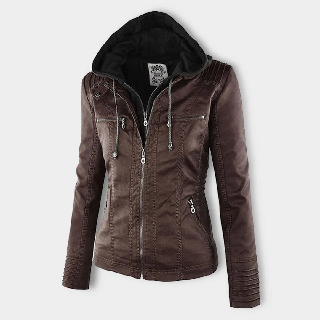 Women's Faux Leather Moto Jacket Band Collar Zip-Up Fitted Hooded