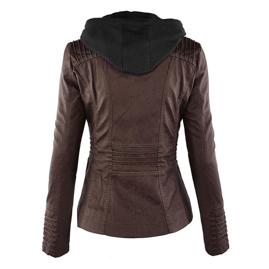 Women's Faux Leather Moto Jacket Band Collar Zip-Up Fitted Hooded