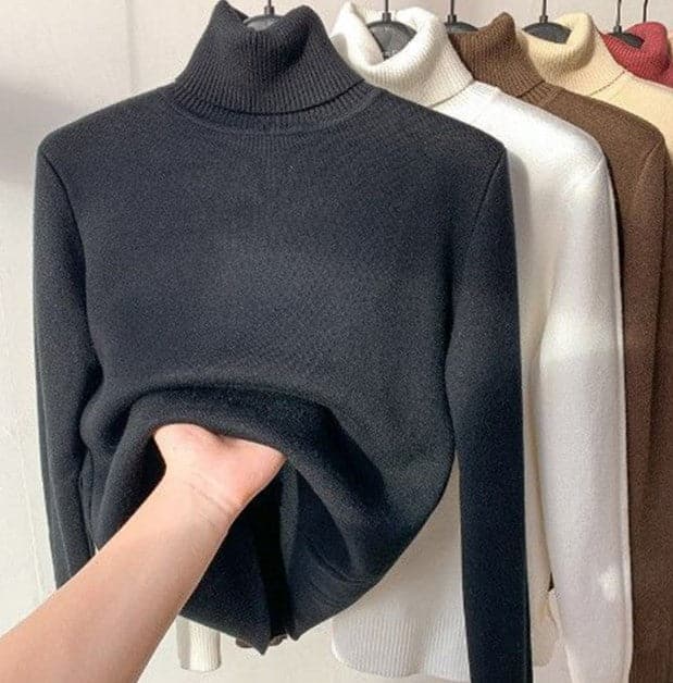 Women's Fleece Lined Turtleneck Sweater Ribbed Slim Warm Long-Sleeve