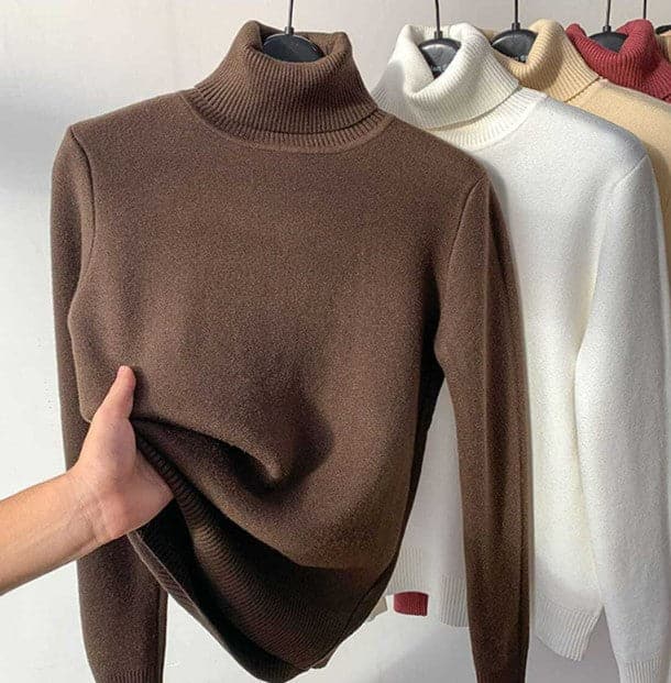 Women's Fleece Lined Turtleneck Sweater Ribbed Slim Warm Long-Sleeve