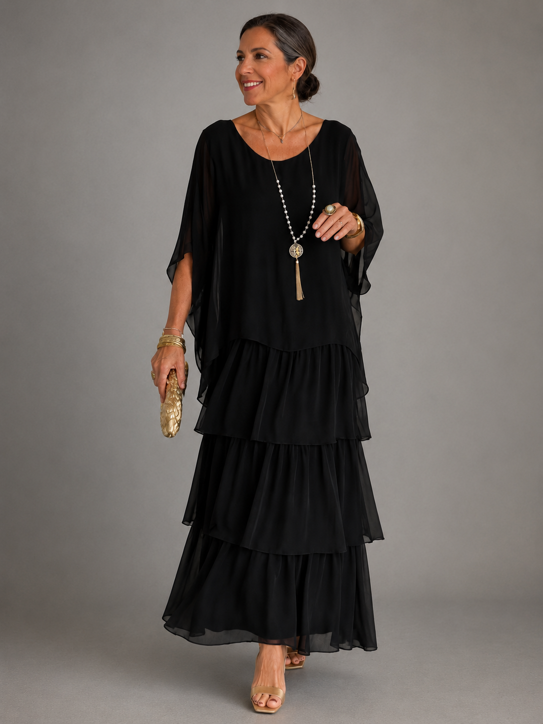 Women's Chiffon Maxi Dress Round Neck Tiered Layered Capelet Pockets Flowy