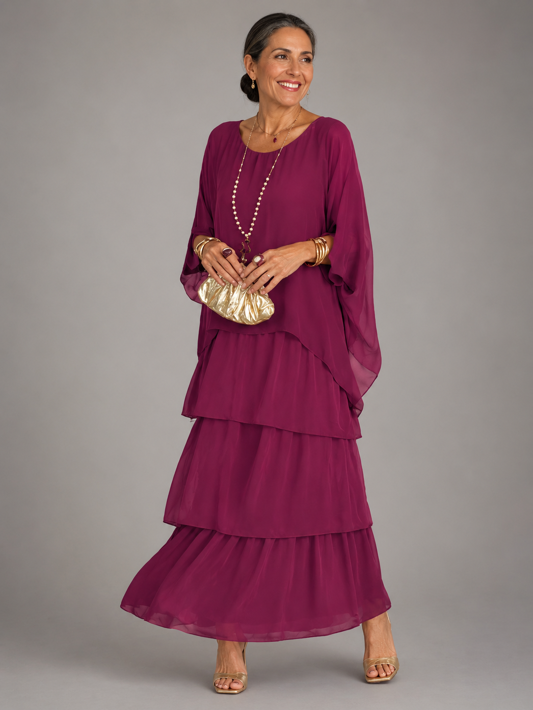 Women's Chiffon Maxi Dress Round Neck Tiered Layered Capelet Pockets Flowy