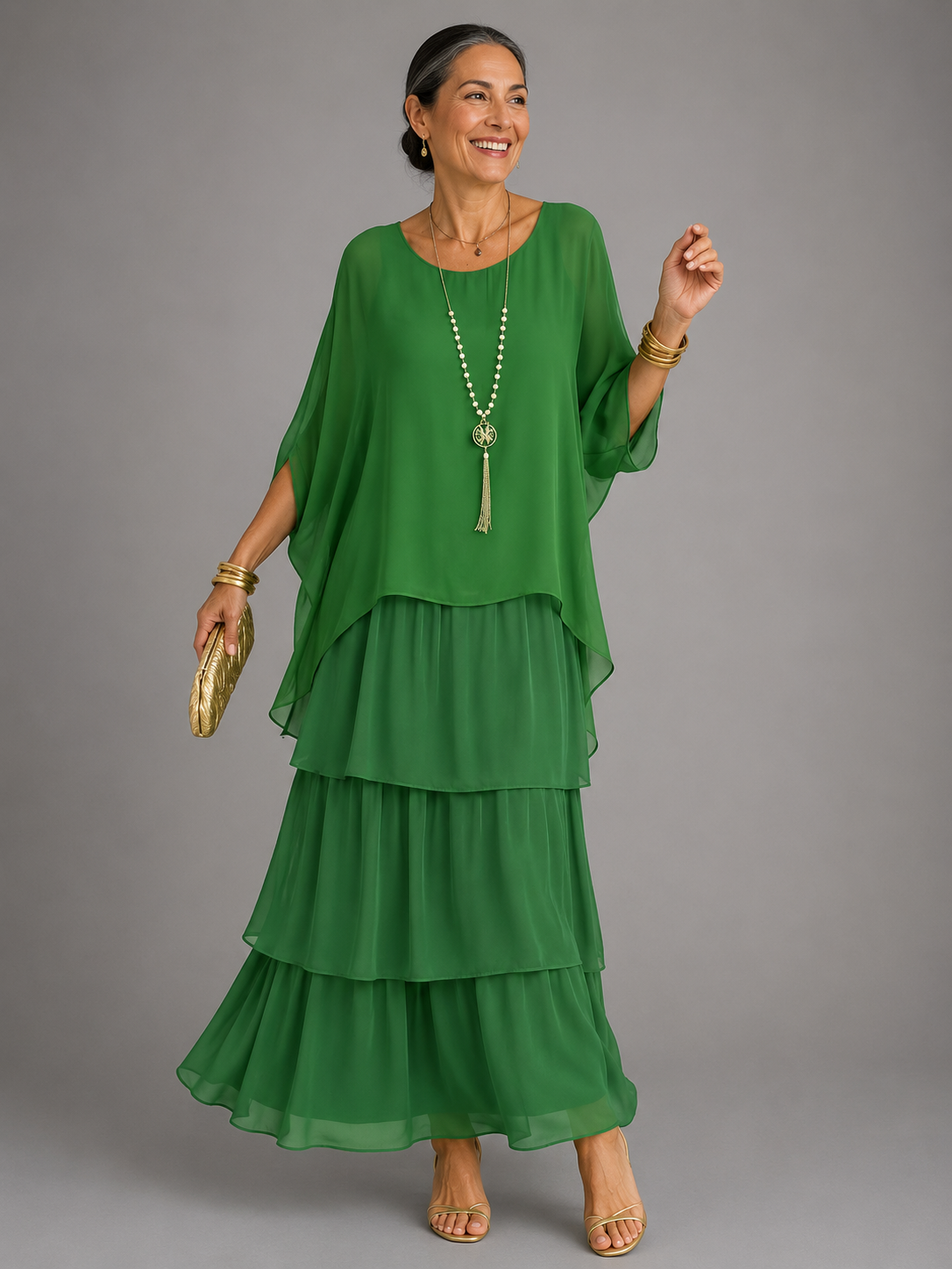 Women's Chiffon Maxi Dress Round Neck Tiered Layered Capelet Pockets Flowy
