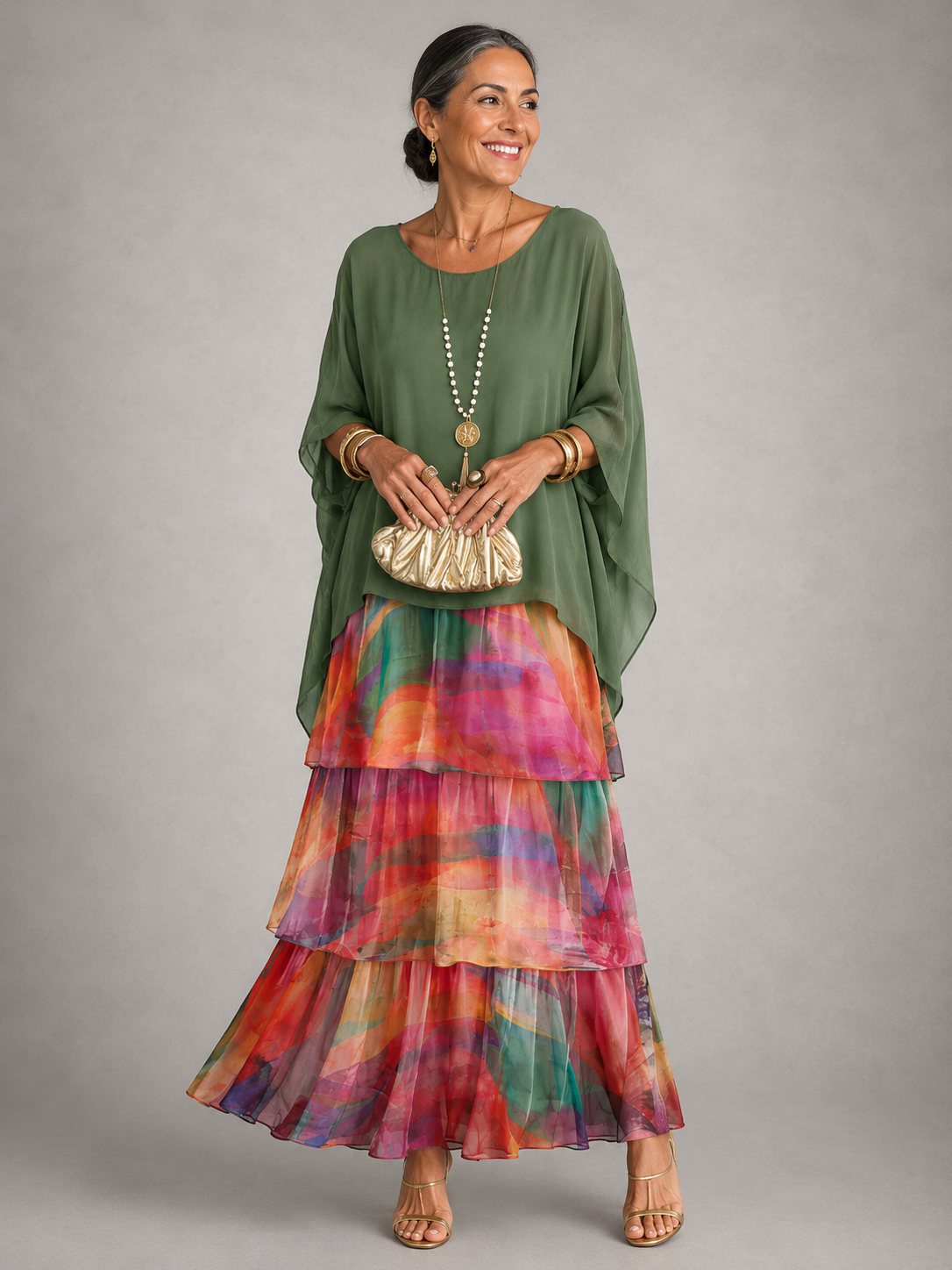 Women's Chiffon Maxi Dress Round Neck Tiered Layered Capelet Pockets Flowy