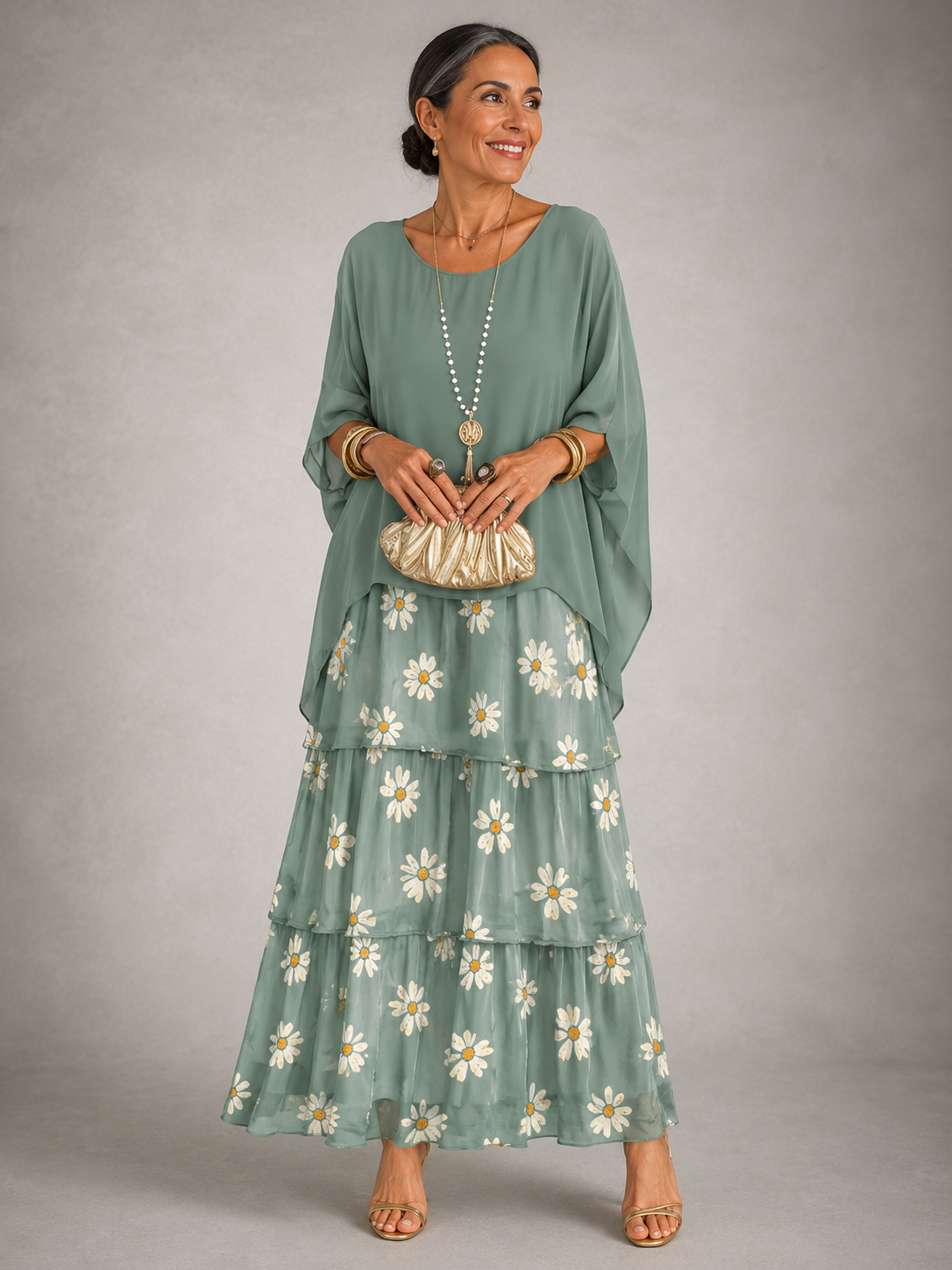 Women's Chiffon Maxi Dress Round Neck Tiered Layered Capelet Pockets Flowy