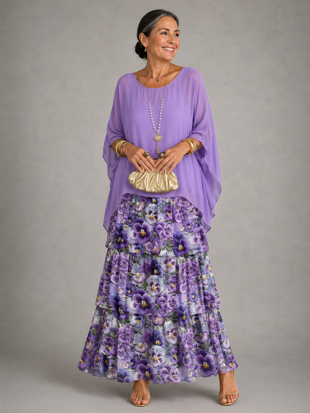 Women's Chiffon Maxi Dress Round Neck Tiered Layered Capelet Pockets Flowy