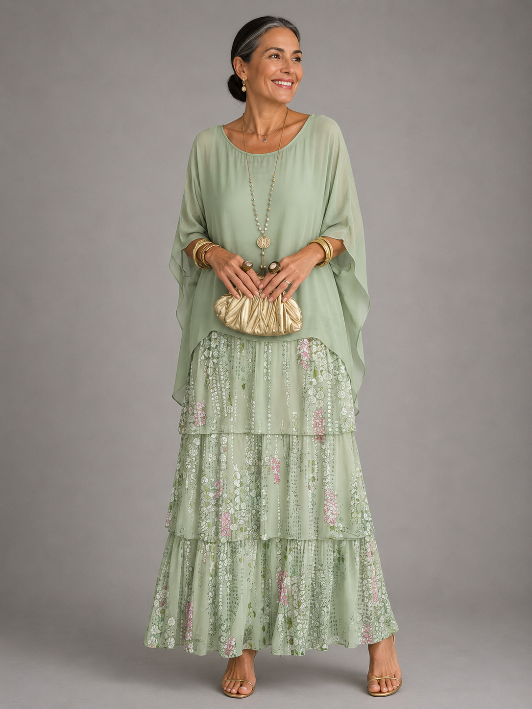 Women's Chiffon Maxi Dress Round Neck Tiered Layered Capelet Pockets Flowy
