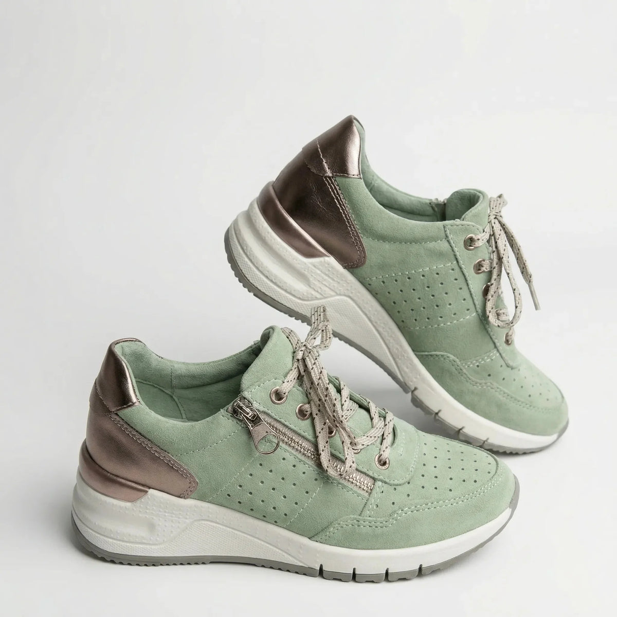 Women's Suede Wedge Sneakers Side Zip Lace-Up Platform Perforated Comfort Walking Shoes