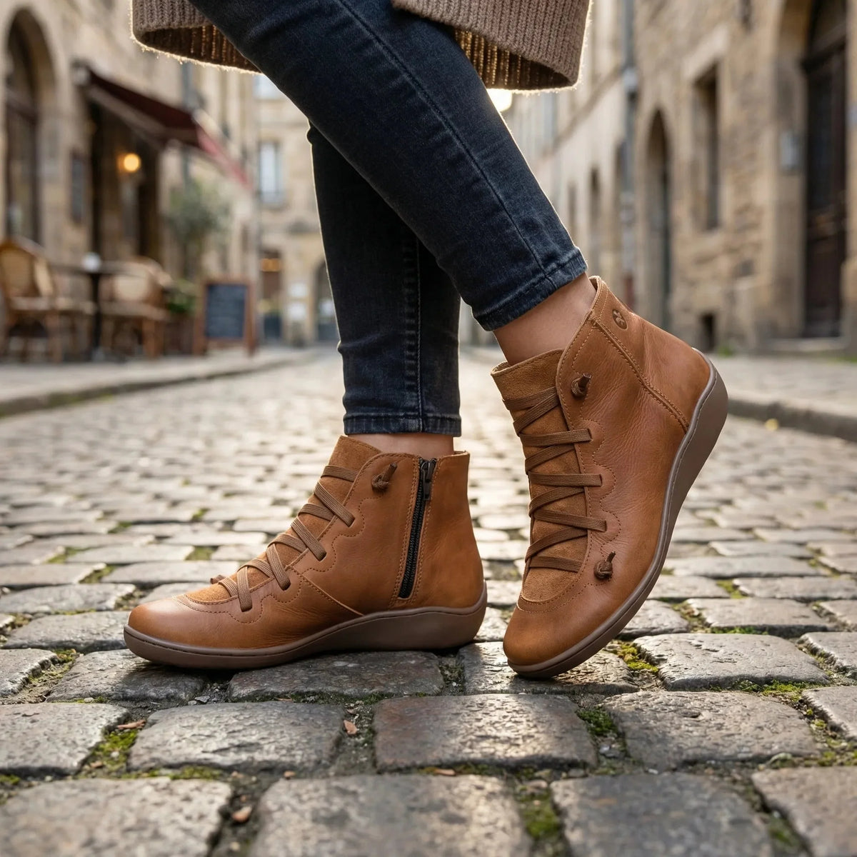 Women's Leather Ankle Boots Lace-Up Side Zip Wedge Round Toe Comfort Booties