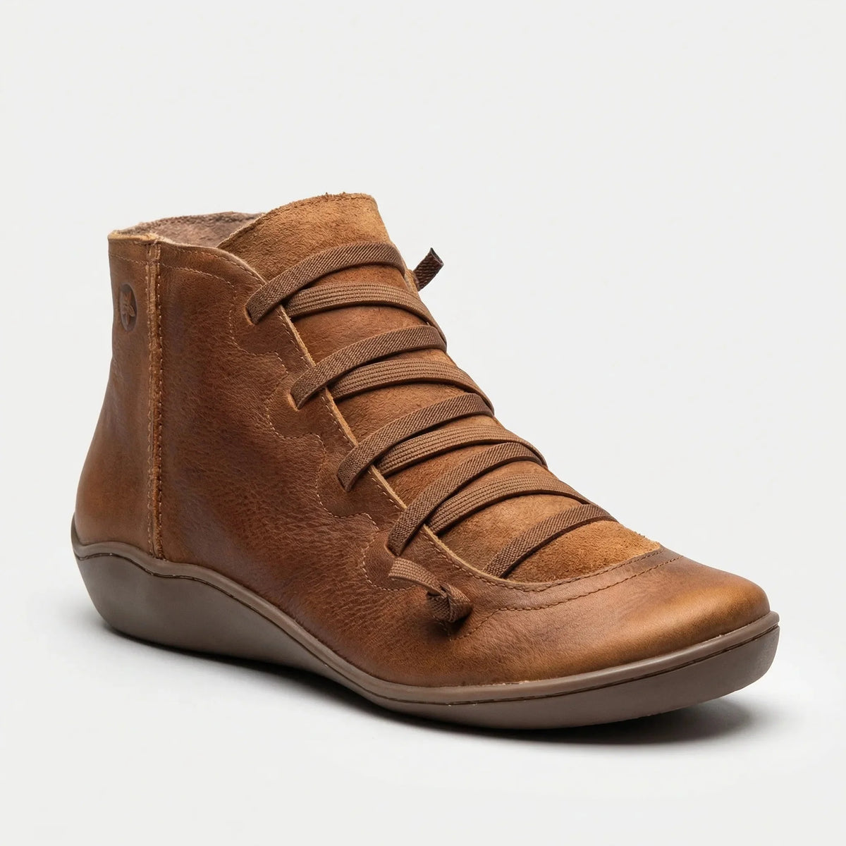 Women's Leather Ankle Boots Lace-Up Side Zip Wedge Round Toe Comfort Booties