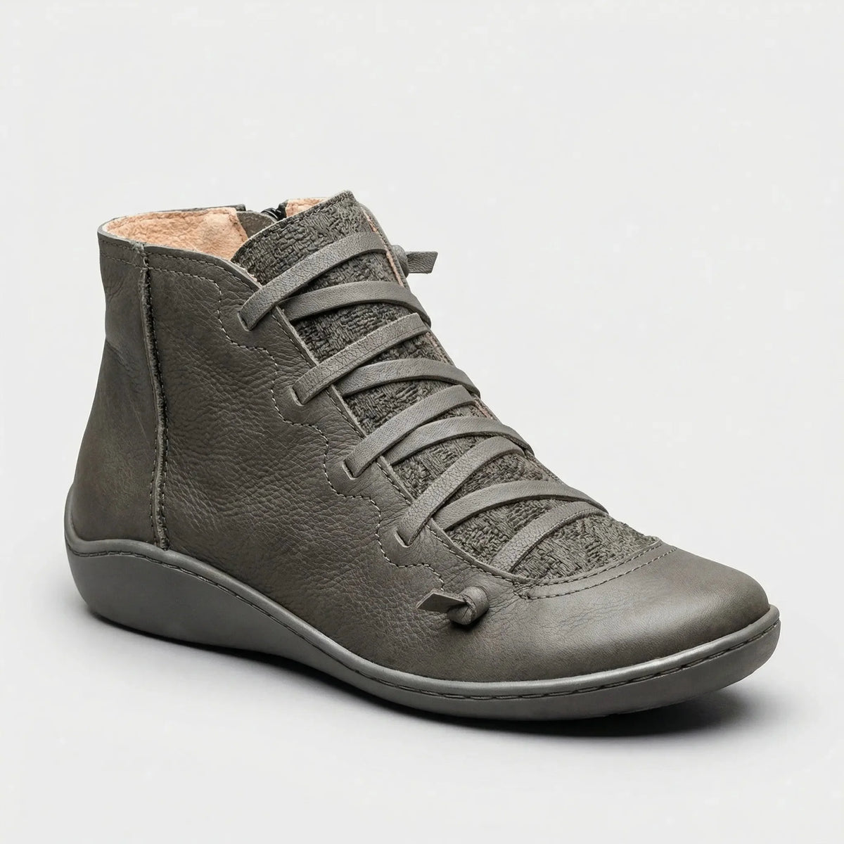 Women's Leather Ankle Boots Lace-Up Side Zip Wedge Round Toe Comfort Booties