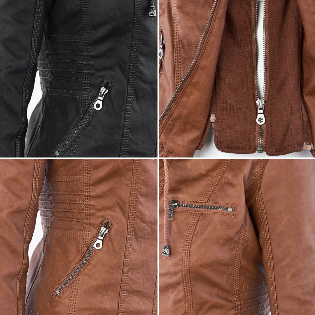 Women's Faux Leather Moto Jacket Band Collar Zip-Up Fitted Hooded
