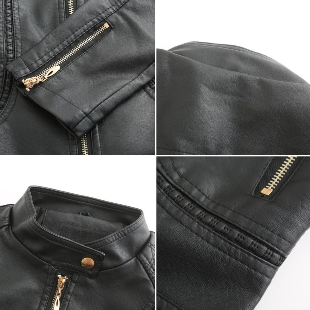 Women's Faux Leather Moto Jacket Stand Collar Zip-Up Quilted Shoulder