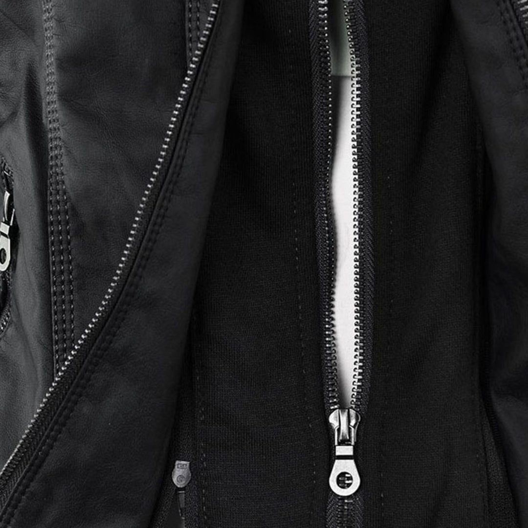 Women's Faux Leather Moto Jacket Band Collar Zip-Up Fitted Hooded