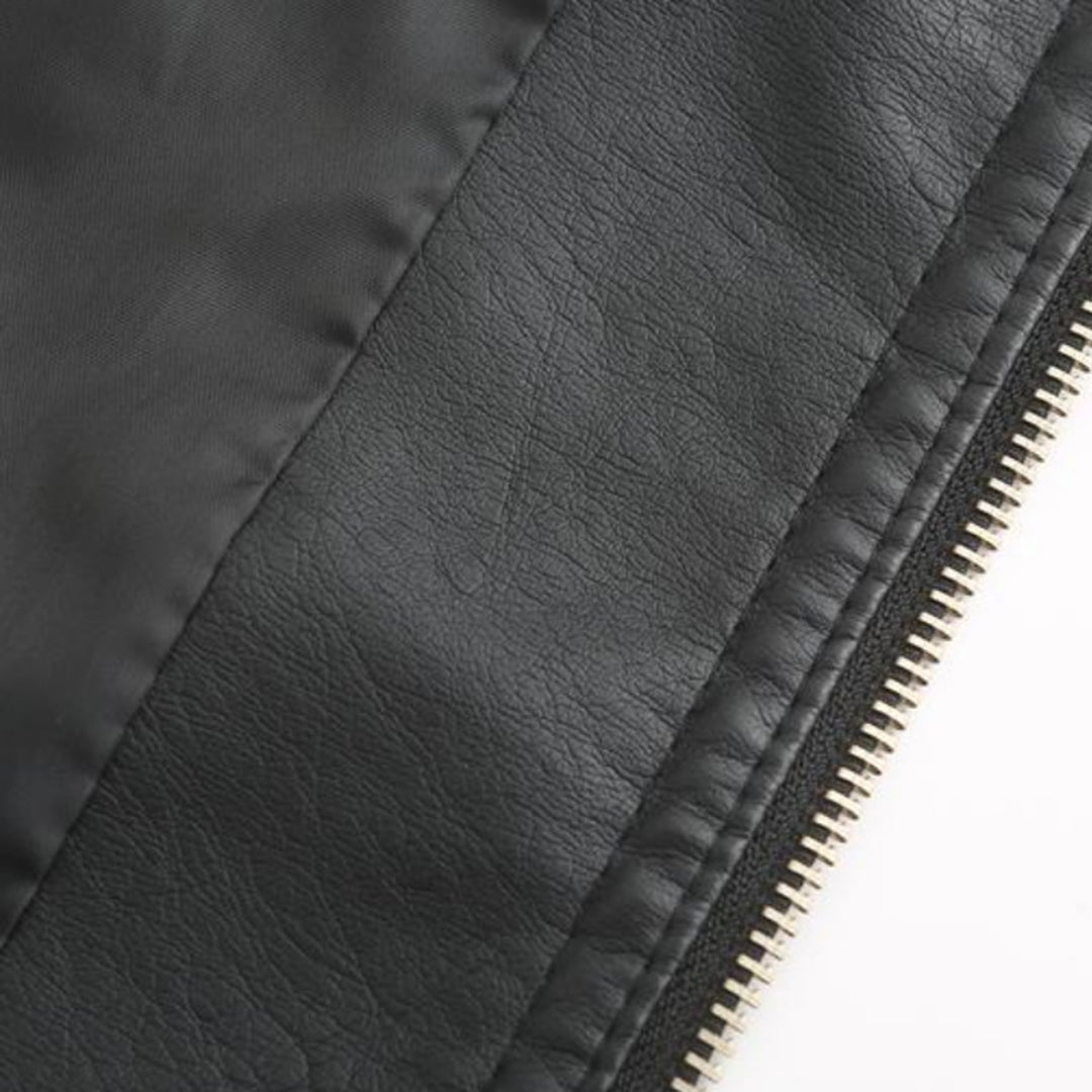 Women's Faux Leather Moto Jacket Stand Collar Zip-Up Quilted Shoulder
