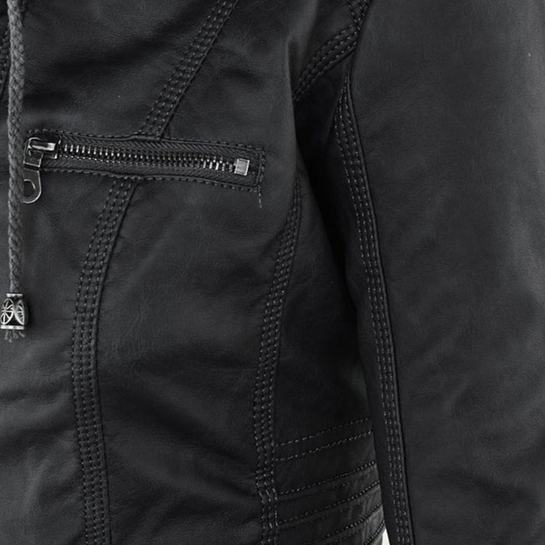 Women's Faux Leather Moto Jacket Band Collar Zip-Up Fitted Hooded