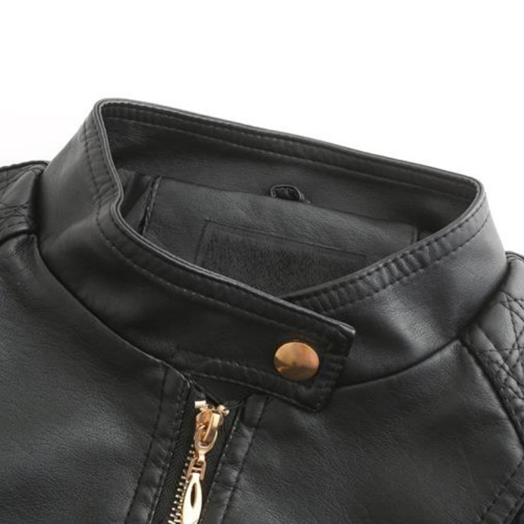 Women's Faux Leather Moto Jacket Stand Collar Zip-Up Quilted Shoulder