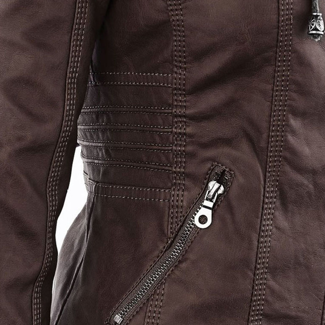 Women's Faux Leather Moto Jacket Band Collar Zip-Up Fitted Hooded