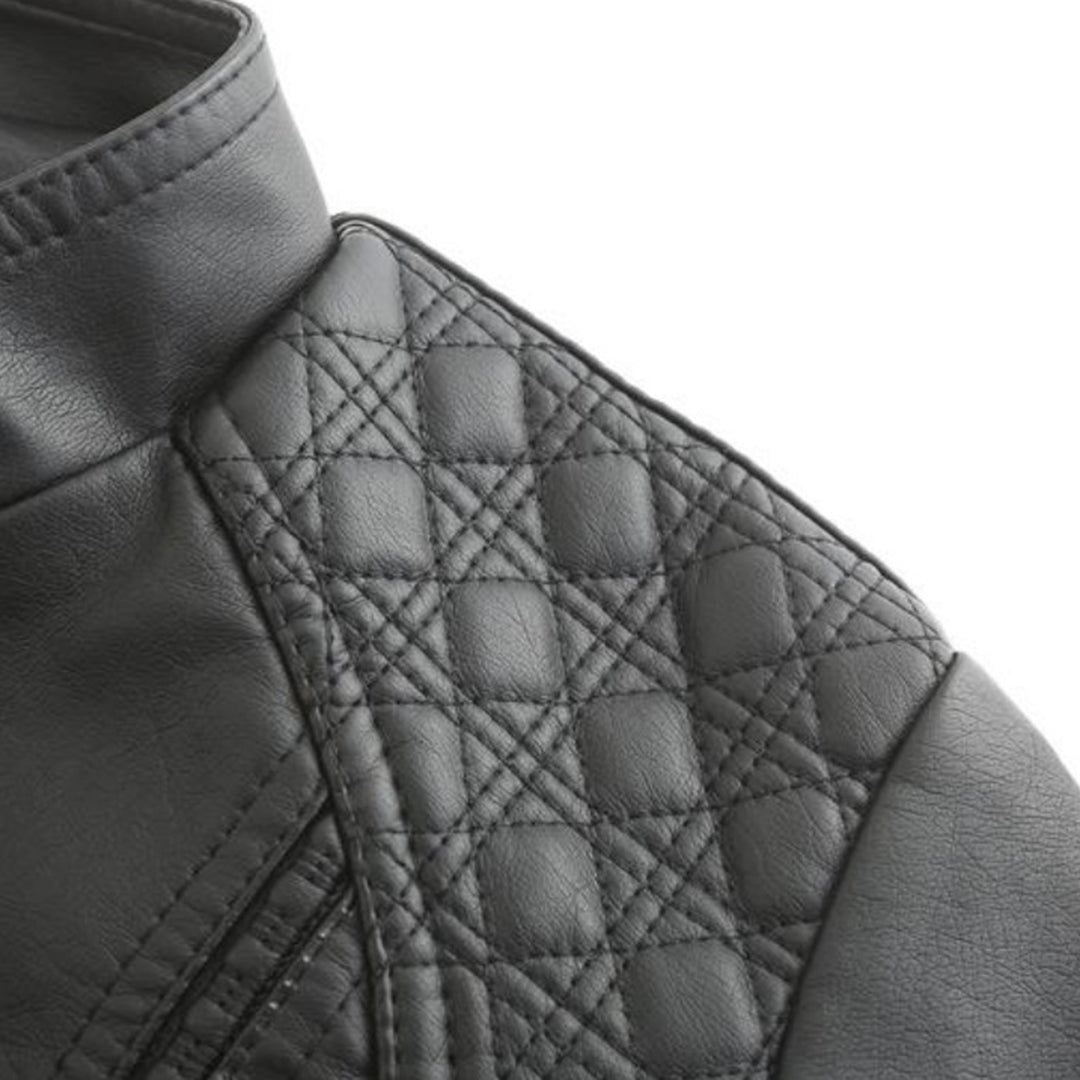 Women's Faux Leather Moto Jacket Stand Collar Zip-Up Quilted Shoulder