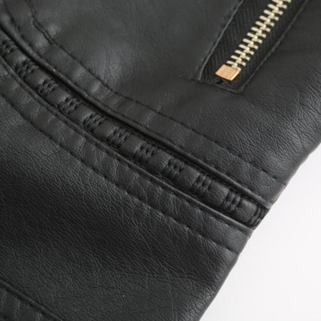 Women's Faux Leather Moto Jacket Stand Collar Zip-Up Quilted Shoulder