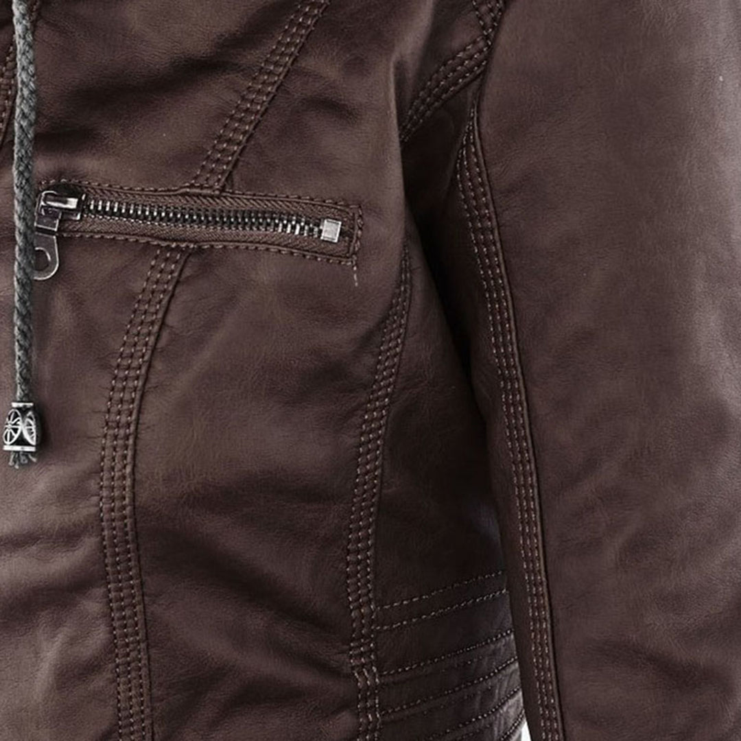 Women's Faux Leather Moto Jacket Band Collar Zip-Up Fitted Hooded